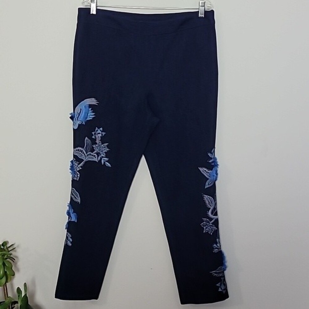 Josie Natori embroidered denim pull on crop pant Sz 12 NWT